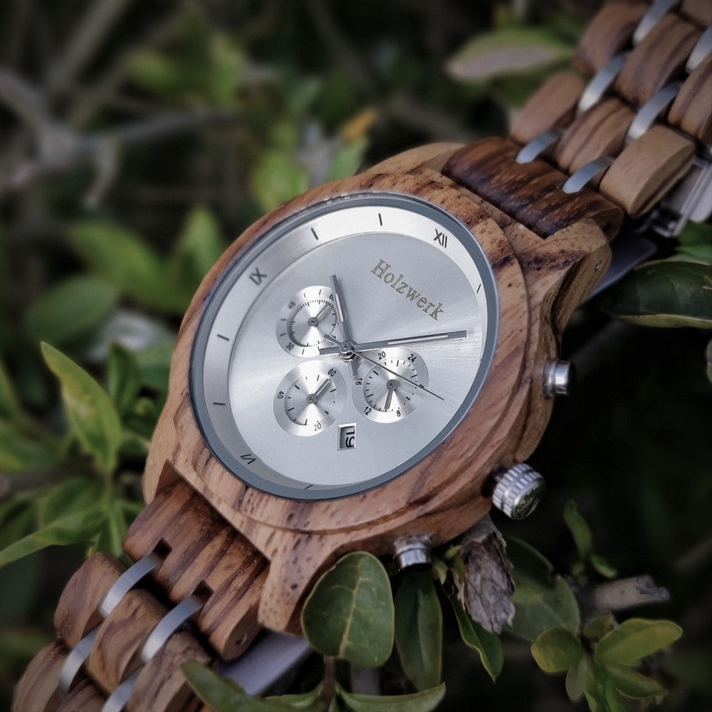 Holzwerk Damen & Herren Chronograph Datum Holzuhr Holz Uhr Braun Silber - Holzwerk 