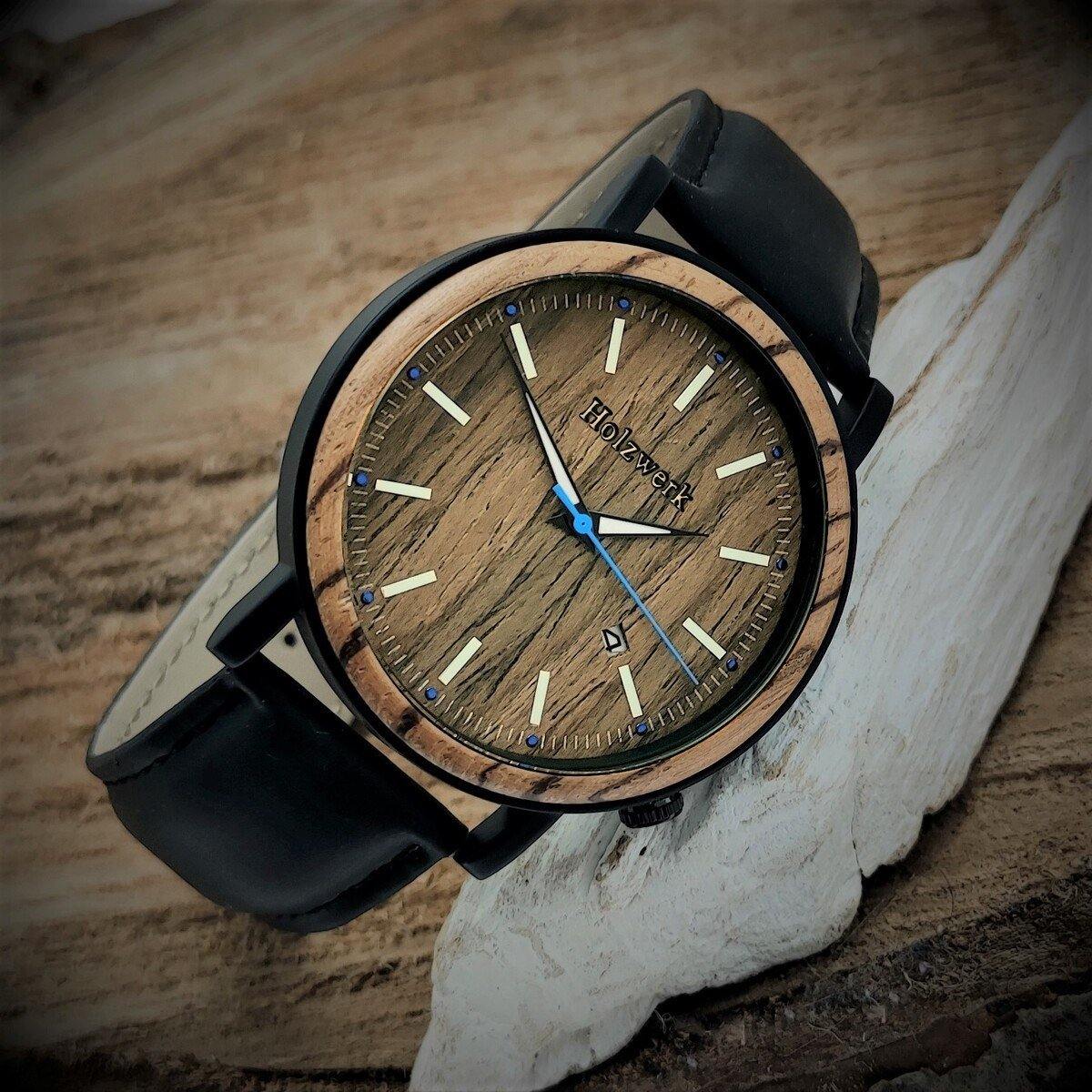 Holzwerk Damen & Herren Holzuhr Holz Leder Datum Uhr Braun Schwarz