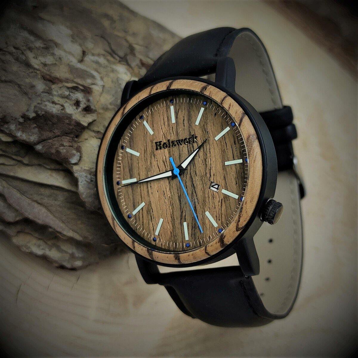 Holzwerk Damen & Herren Holzuhr Holz Leder Datum Uhr Braun Schwarz