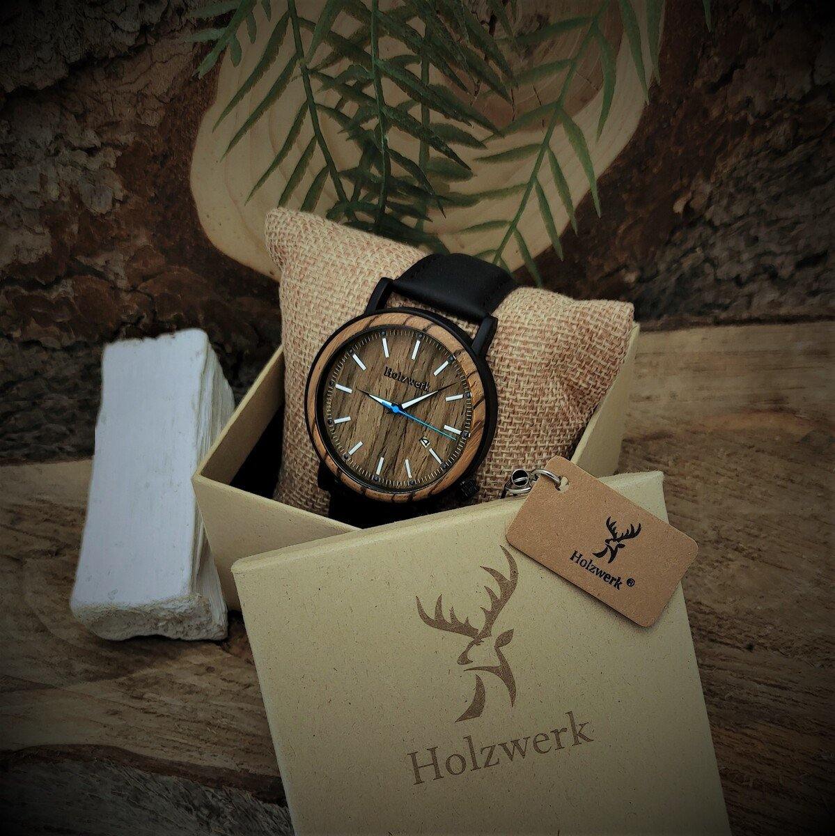 Holzwerk Damen & Herren Holzuhr Holz Leder Datum Uhr Braun Schwarz