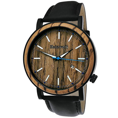 Holzwerk Damen & Herren Holzuhr Holz Leder Datum Uhr Braun Schwarz