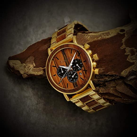 Holzwerk Herren Holzuhr & Edelstahl Chronograph mit Datum Gold Braun
