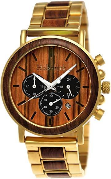 Holzwerk Herren Holzuhr & Edelstahl Chronograph mit Datum Gold Braun