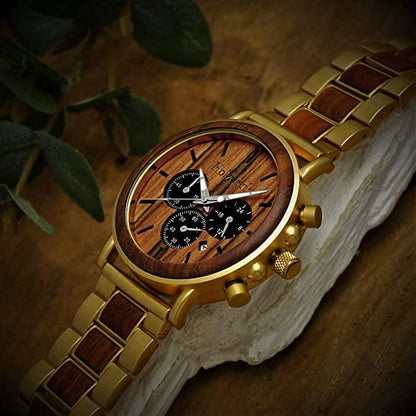 Holzwerk Herren Holzuhr & Edelstahl Chronograph mit Datum Gold Braun