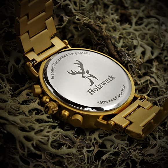 Holzwerk Herren Holzuhr & Edelstahl Chronograph mit Datum Gold Braun