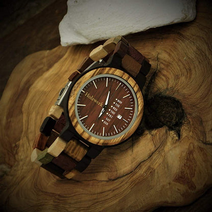 Holzwerk SOLINGEN Damen, Herren Holz Armband Uhr mit Datum, moderne Damenuhr, Designer Holzuhr, modische Armbanduhr, Bordeaux rot, braun, rechts liegend