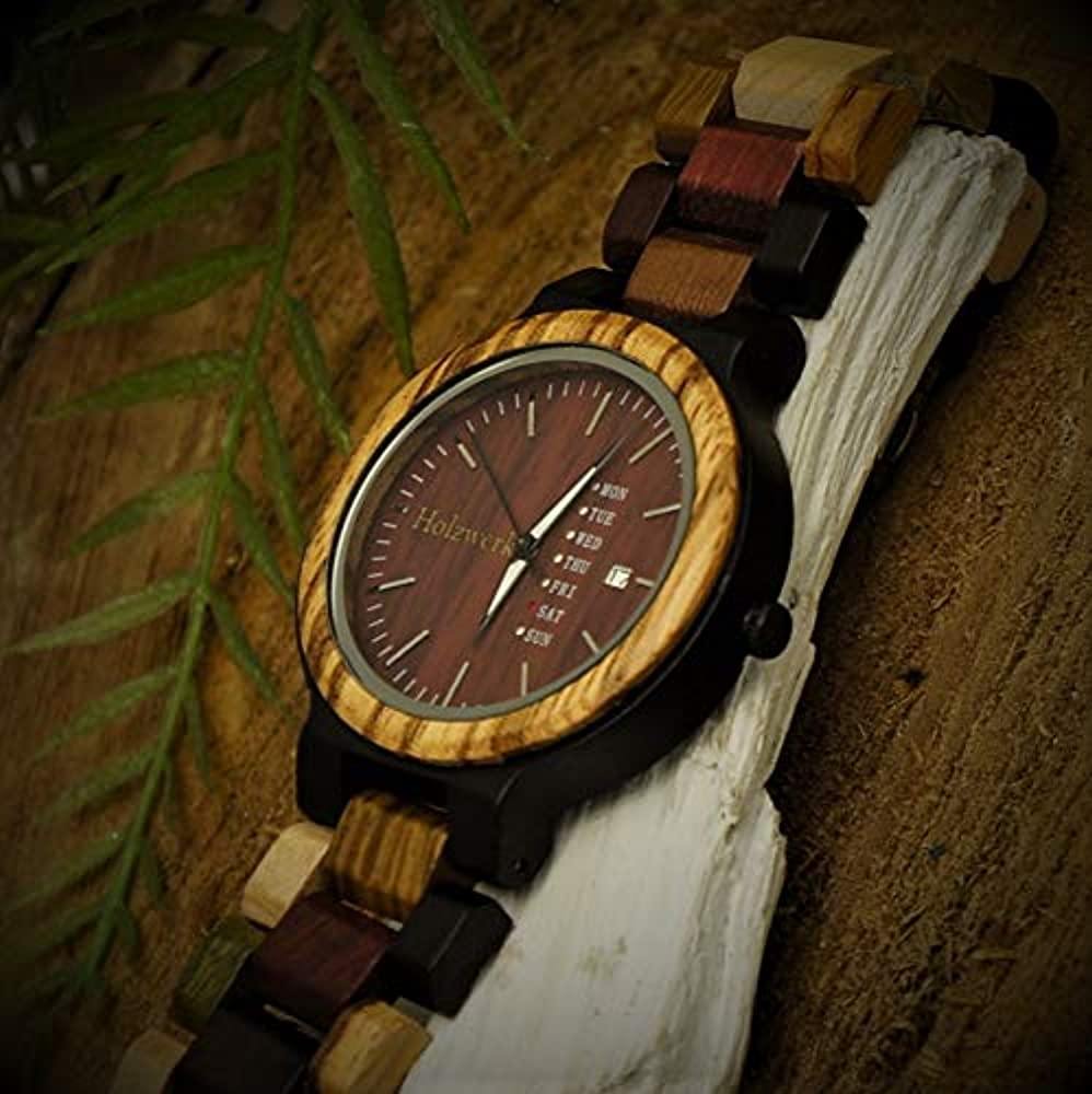 Holzwerk SOLINGEN Damen, Herren Holz Armband Uhr mit Datum, moderne Damenuhr, Designer Holzuhr, modische Armbanduhr, Bordeaux rot, braun, seitlich liegend