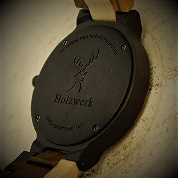 Holzwerk SOLINGEN Damen, Herren Holz Armband Uhr mit Datum, moderne Damenuhr, Designer Holzuhr, modische Armbanduhr, Bordeaux rot, braun, Gehäuseboden