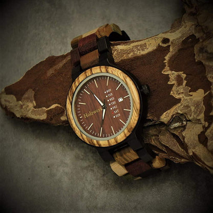 Holzwerk SOLINGEN Damen, Herren Holz Armband Uhr mit Datum, moderne Damenuhr, Designer Holzuhr, modische Armbanduhr, Bordeaux rot, braun, links liegend