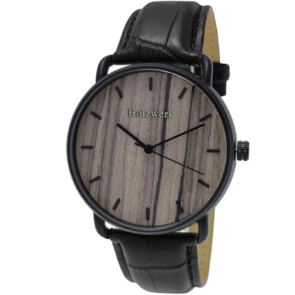 Holzwerk Damen & Herren Datum Holzuhr Leder Armbanduhr Schwarz Braun