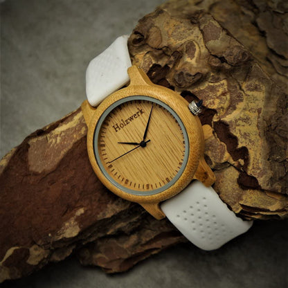 Holzwerk Damen & Herren Holzuhr Holz Silikon Armbanduhr Weiß Beige - Holzwerk 