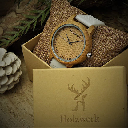 Holzwerk Damen & Herren Holzuhr Holz Silikon Armbanduhr Weiß Beige - Holzwerk 
